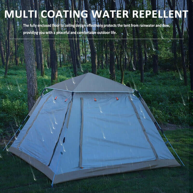 Water-repellent camping tent with double-layer protection in a forest setting, showcasing durability and rain protection features.