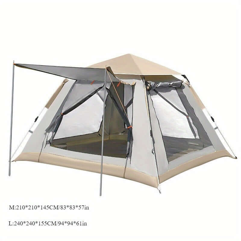 Instant pop-up camping tent for 3-8 people with double layer, awning, and rainfly, spacious and easy setup design.