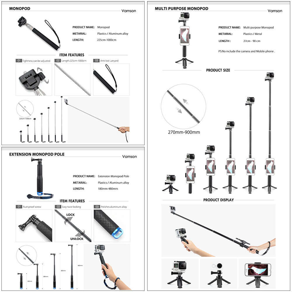 Action camera monopod and extension pole product features and specifications.