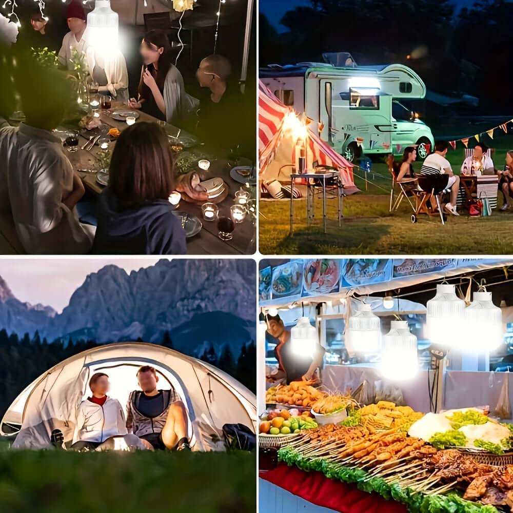 LED camping lantern illuminating outdoor dining, tents, and market stalls for nighttime activities and adventures.