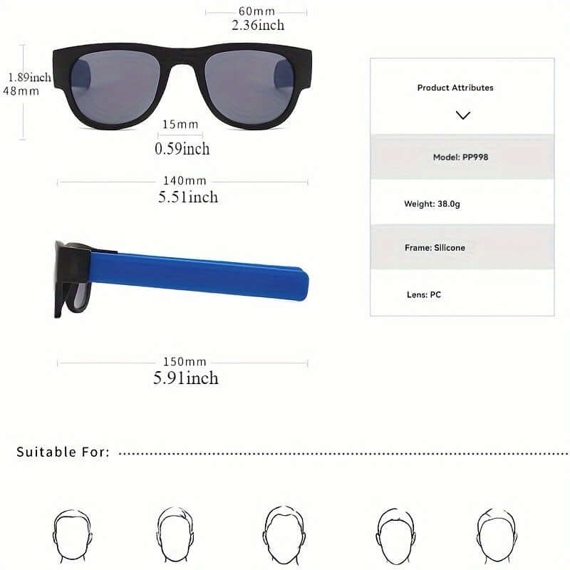 Foldable slap-on polarized sunglasses with product dimensions and specifications, including model, weight, and suitable head shapes.