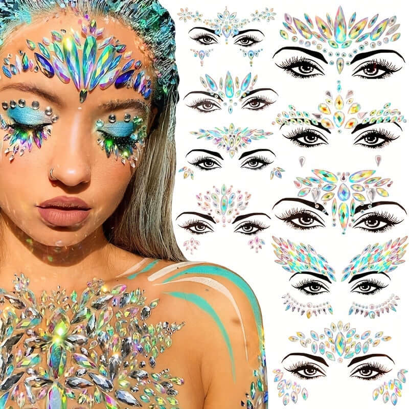 Woman wearing 3D crystal tattoo face stickers with various gemstone designs, perfect for festivals and masquerade parties.