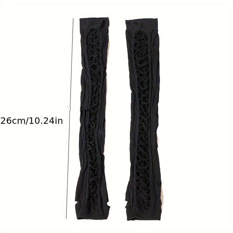 Elegant long fingerless lace gloves in vintage black, hollow-out design, 26cm length, ideal for weddings and formal events.