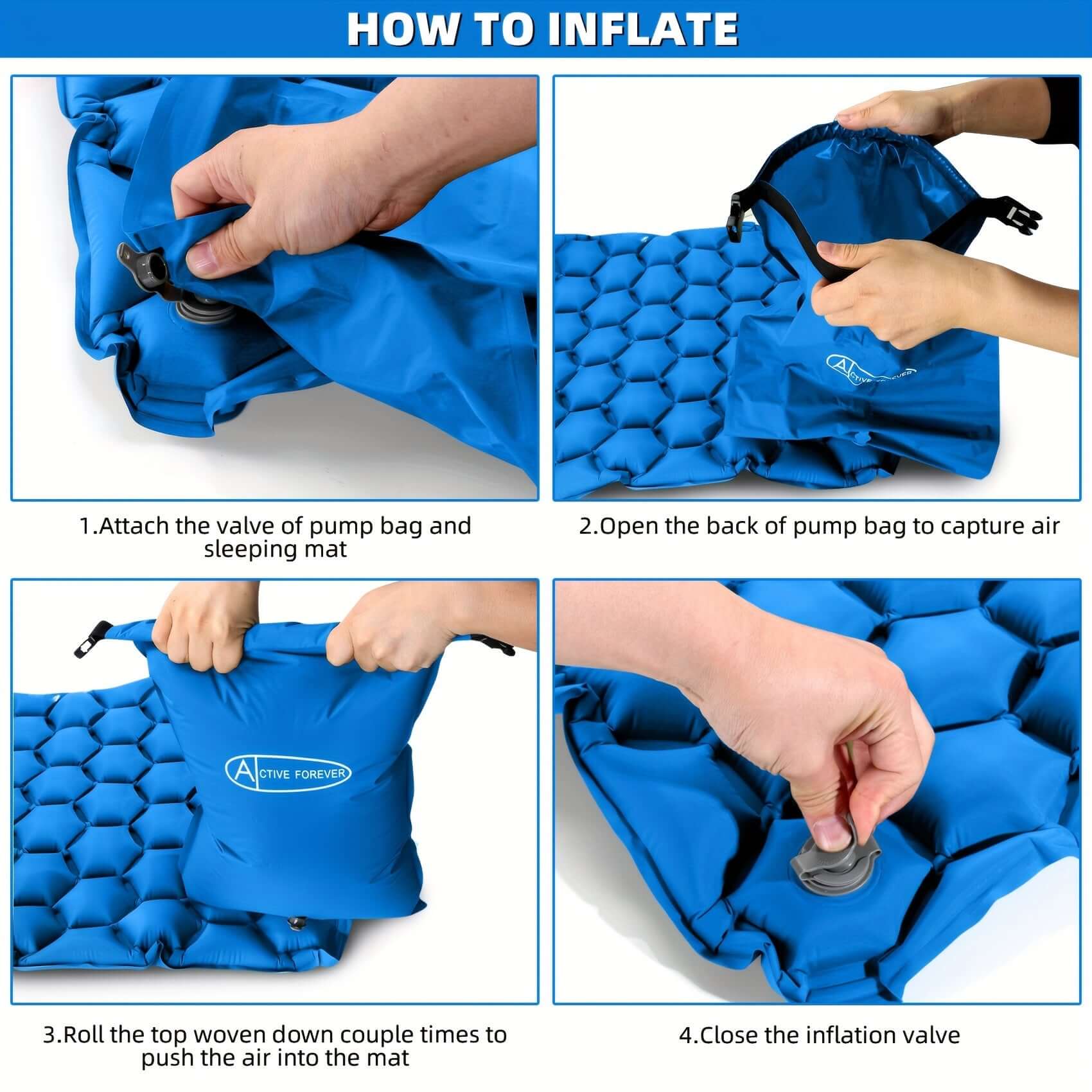 Step-by-step guide on inflating ultralight camping mat with included pump bag.