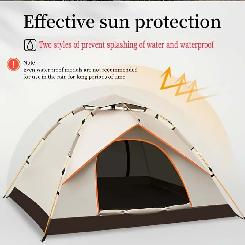 Waterproof camping tent with UV protection, featuring effective sun shielding and splash-proof design for outdoor use.