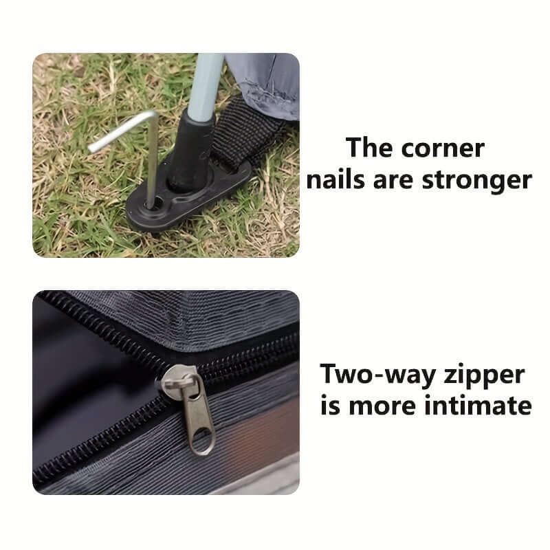 "Close-up of tent corner nail on grass and two-way zipper for enhanced security and convenience in outdoor tent design."