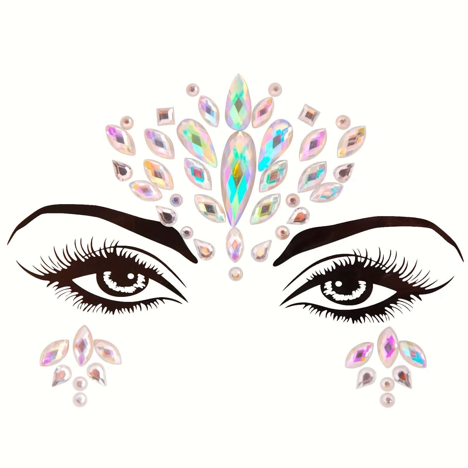 3D crystal tattoo face stickers with a diamond effect for masquerade parties, featuring sparkling gems around eyes and forehead.