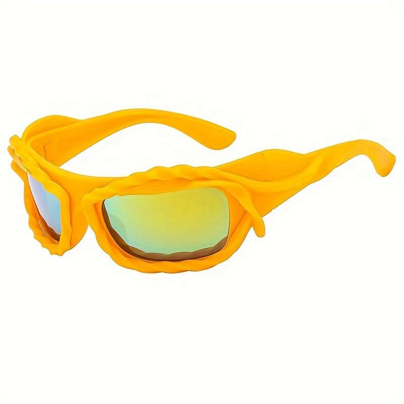 Y2K wrap-around punk sunglasses with yellow frame and mirrored lenses, perfect for rave parties and outdoor events.