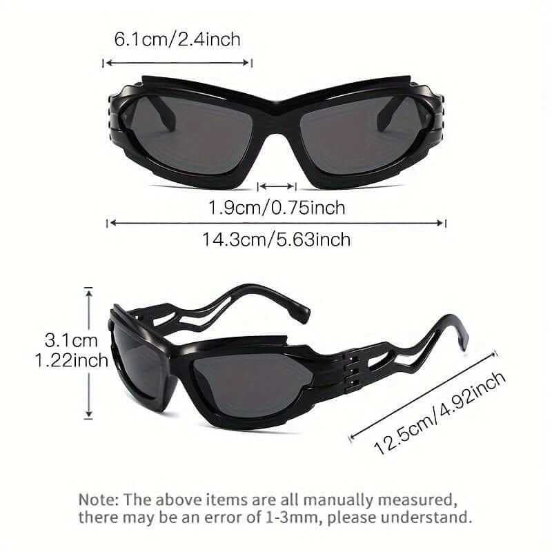 Black Y2K steampunk fashion glasses with decorative temples and dimensions listed, suitable for rave parties and stage performances.