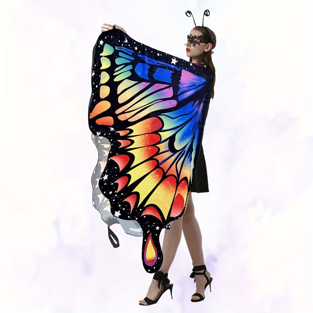 Woman wearing colorful butterfly wings shawl with adjustable straps, perfect for festivals and parties.