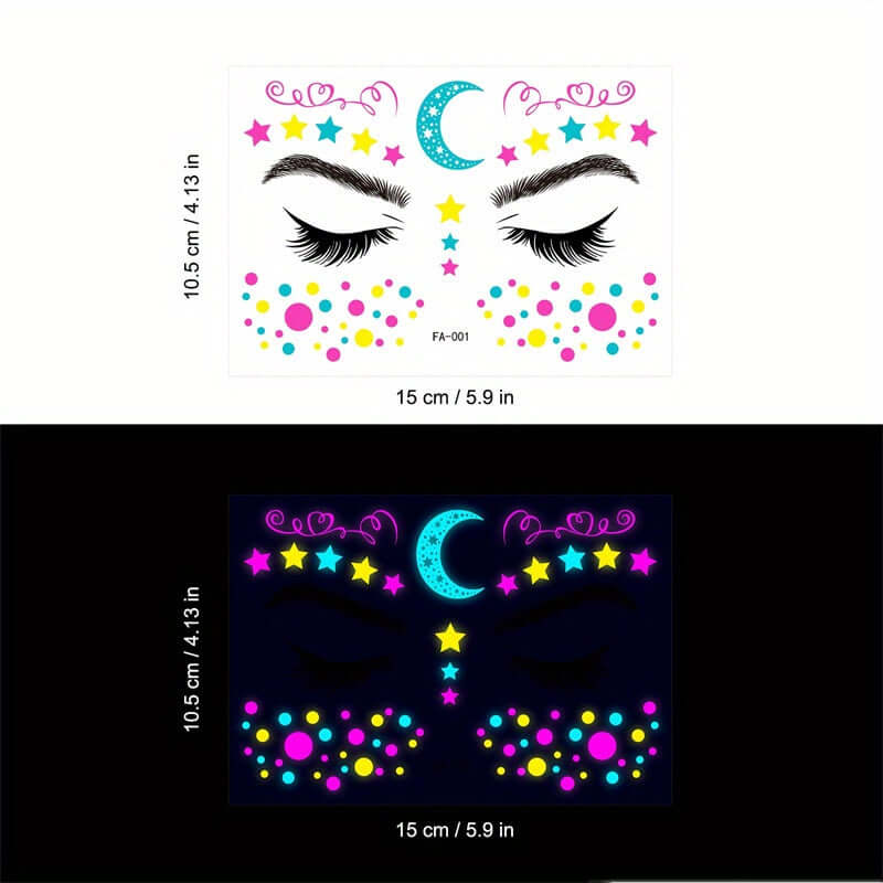 Neon butterfly stickers glowing under UV light, featuring vibrant designs, perfect for festivals and parties.