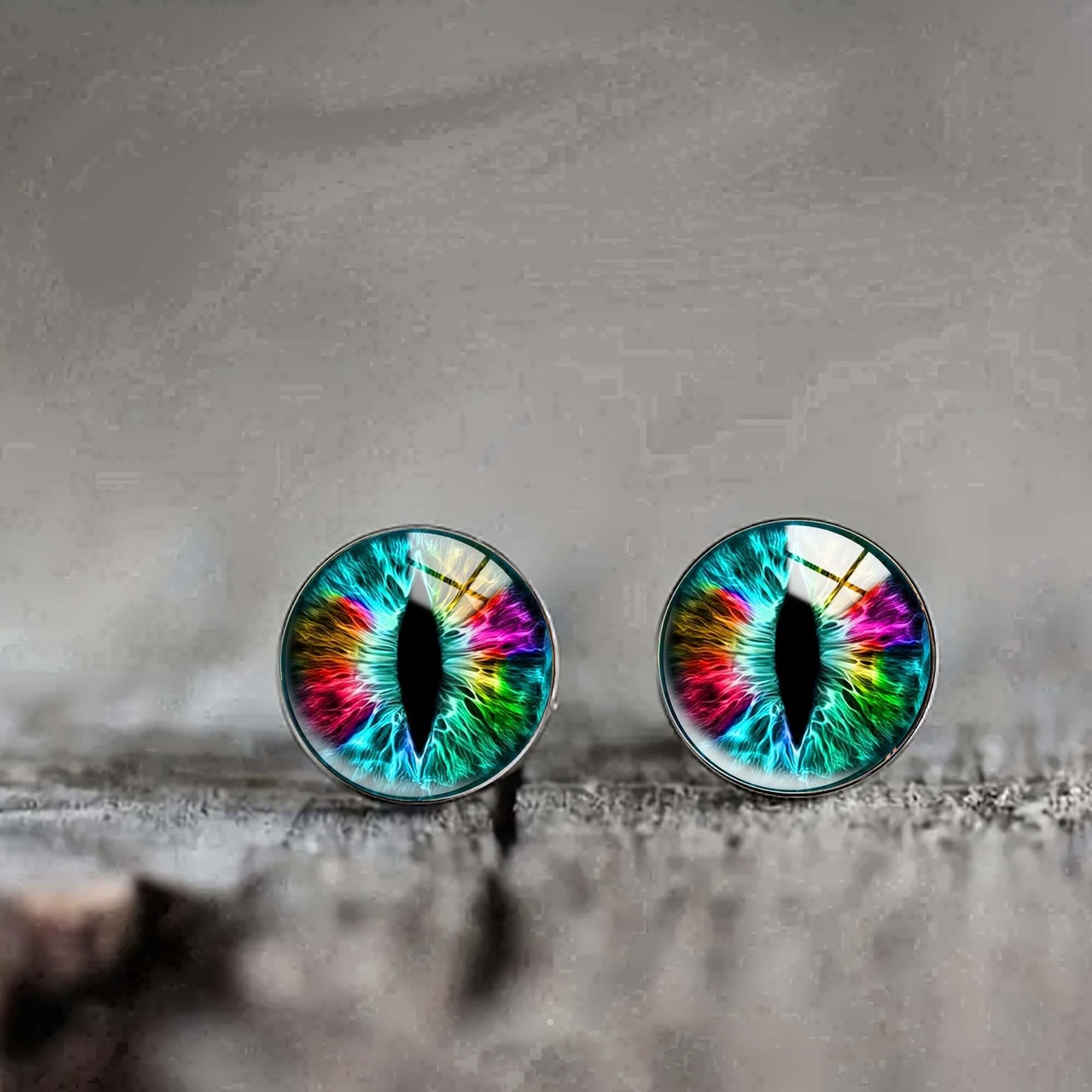 Colorful dragon eye stainless steel stud earrings with vibrant colors, showcasing a gothic animal-themed design.