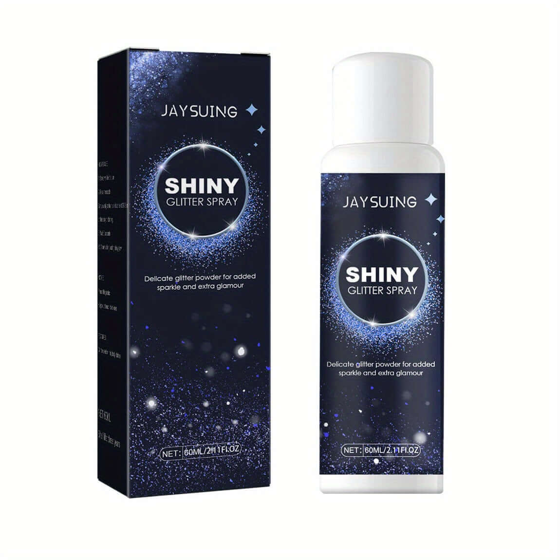 "JaySuing Shiny Glitter Spray bottle and packaging with blue sparkles for added glamour"