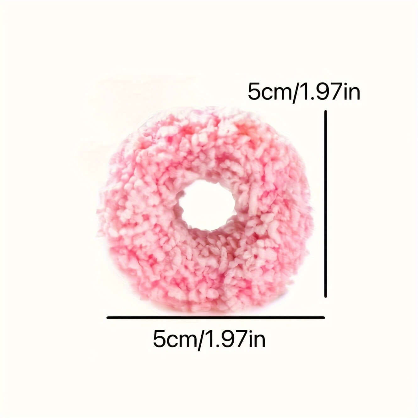 Pink fluffy scrunchie measuring 5cm, perfect for hair styling and fashion accessories.