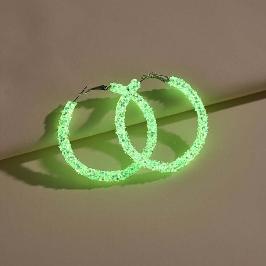 Glow-in-the-dark acrylic hoop earrings set, perfect for festivals and parties, vibrant and UV shine, lightweight and durable.