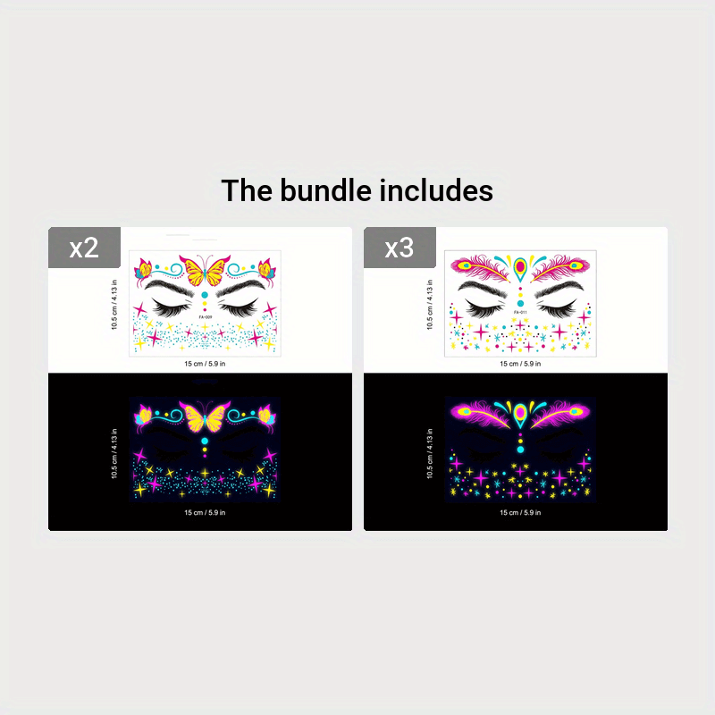 Neon butterfly face stickers bundle showing designs glowing under UV light, perfect for festivals and parties.