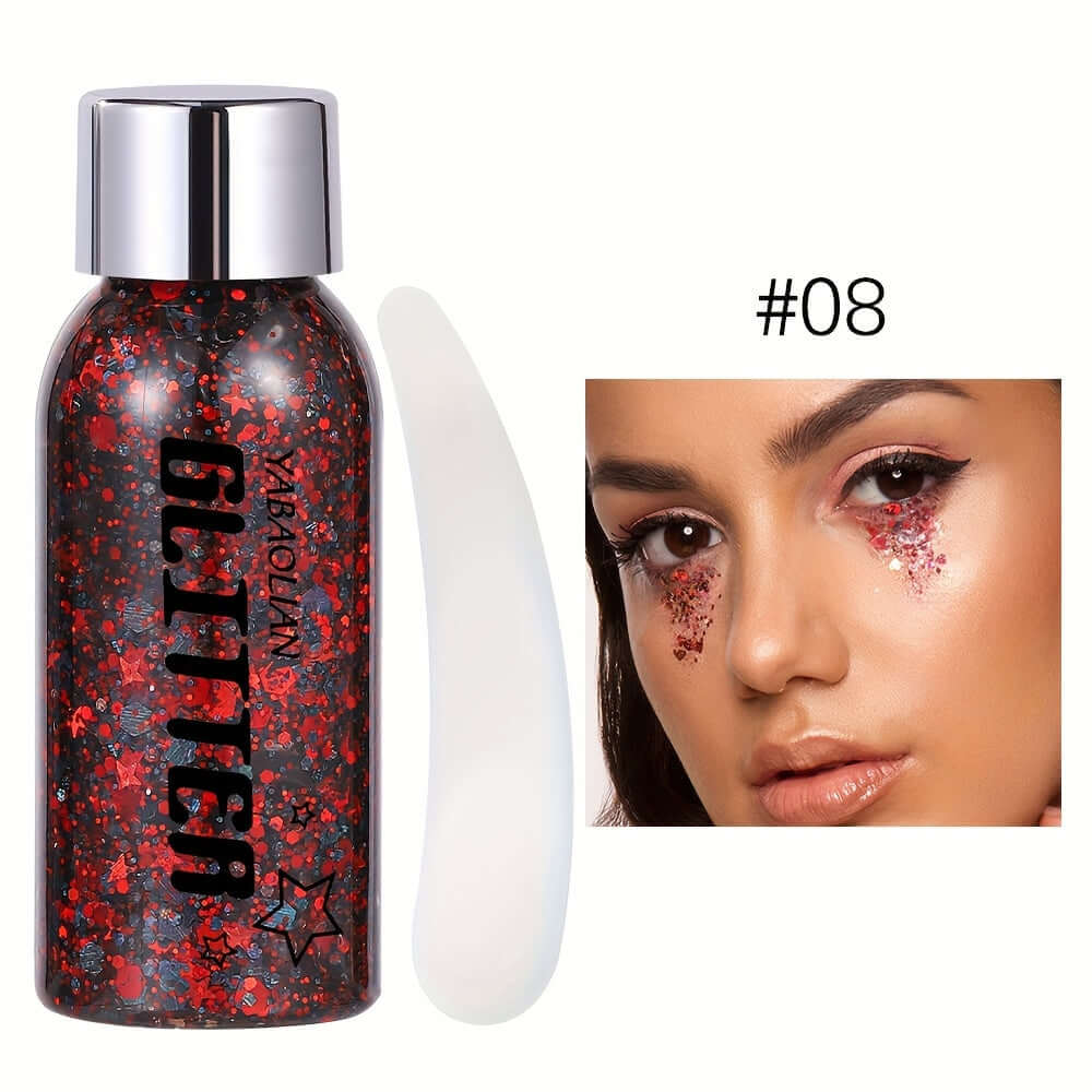 Mermaid sequins body glitter gel for face and hair, perfect for festivals and parties, shown in vibrant red shade with application example.