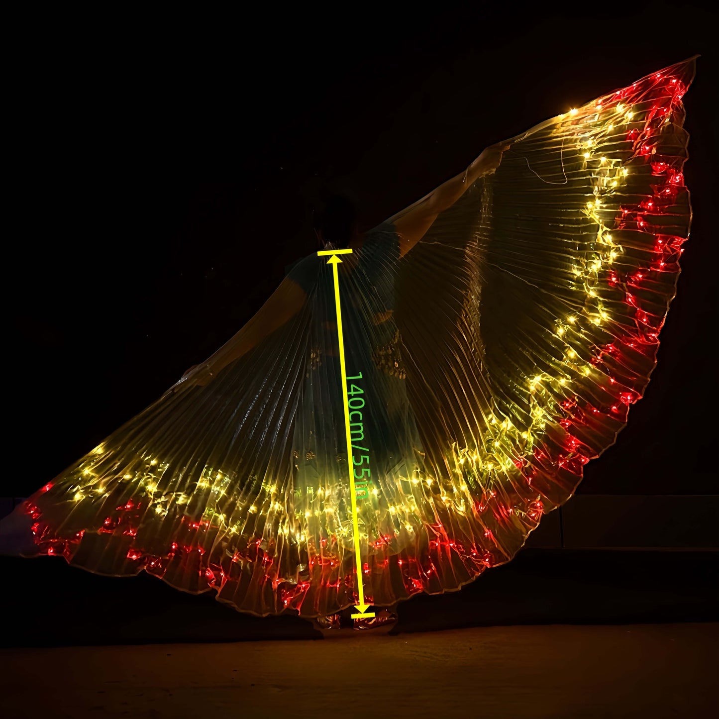 LED angel wings cape with red and yellow lights, 140cm long, festival butterfly design, glowing in the dark.