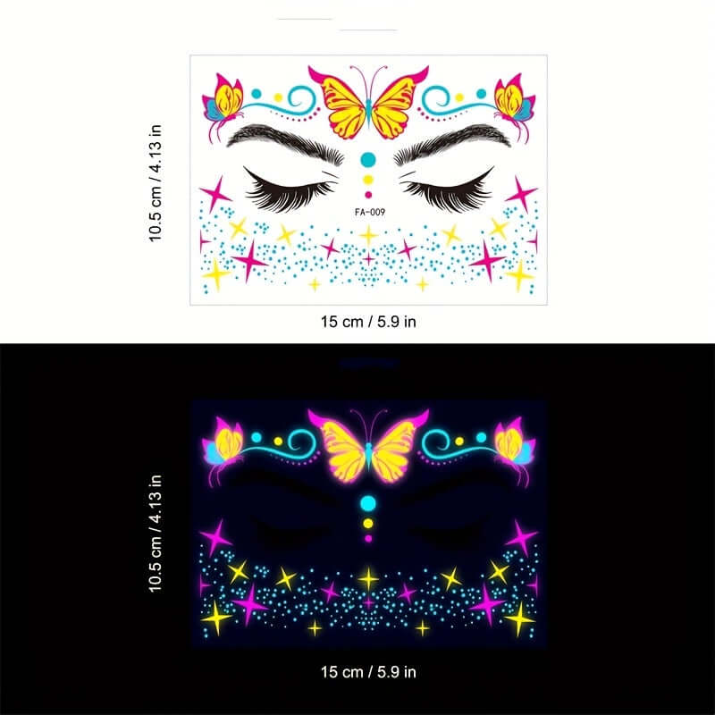 Neon butterfly face stickers glowing under UV light for festivals, waterproof design, vibrant colors, easy to apply and remove.