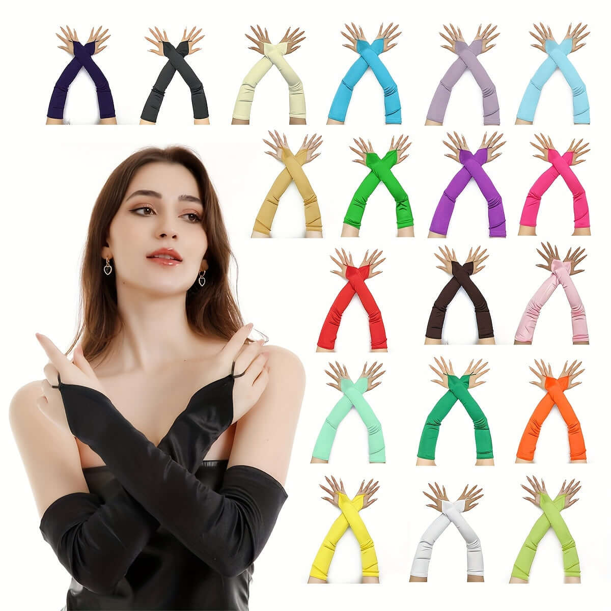 "Elegant fingerless satin gloves in 8 colors for cosplay and rave, showcasing flexibility and style on model and display"