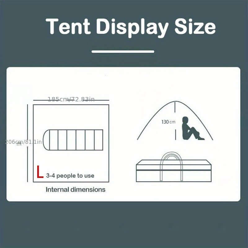 Tent display size chart for 3-4 people, internal dimensions 185cm x 206cm, height 130cm.