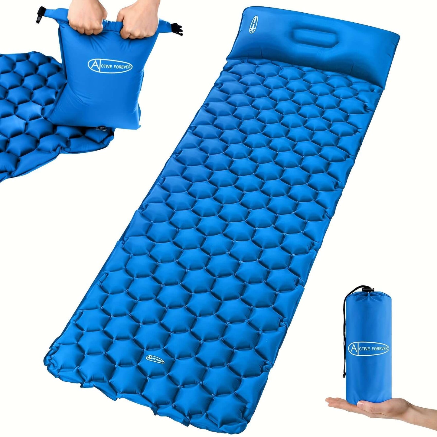 Ultralight inflatable camping mat with built-in pillow and pump bag, compact and waterproof, ideal for outdoor adventures.