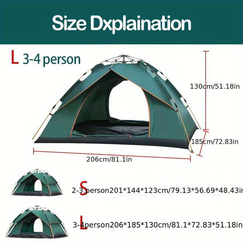 Size specifications for 2-4 person pop-up camping tent with dimensions in centimeters and inches.