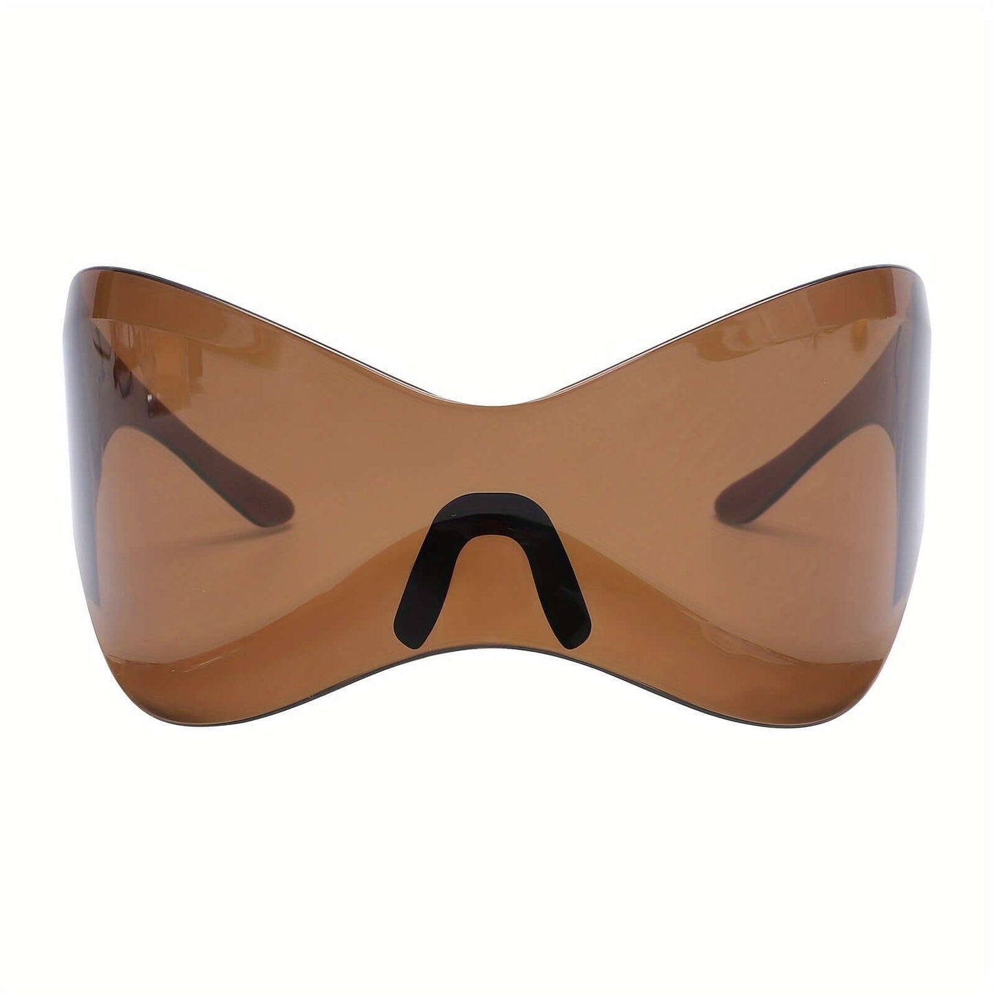 Y2K cyberpunk shield sunglasses with mirror lens in brown, perfect for parties and festivals, unisex design for bold style statements.