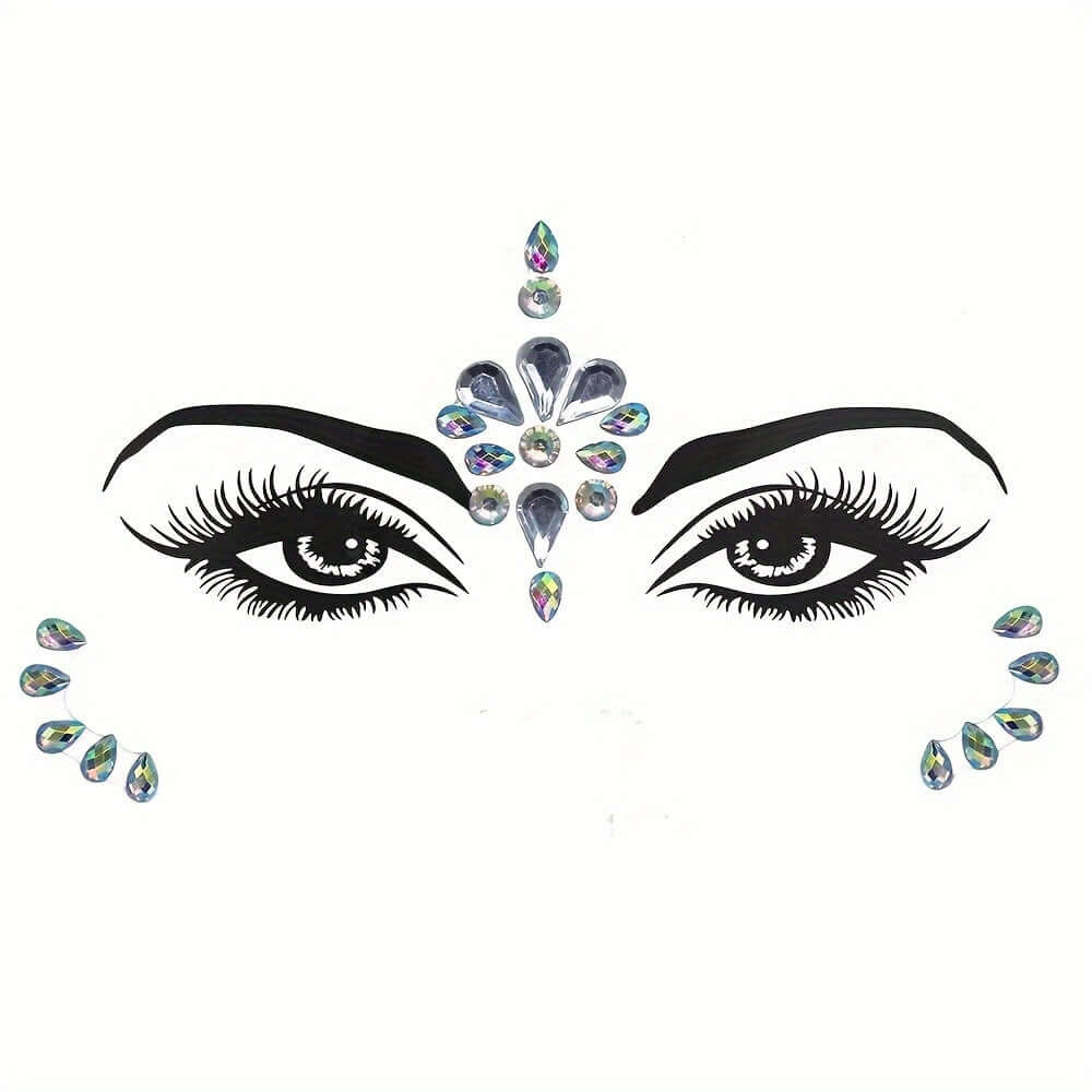 3D crystal face tattoo stickers with artificial diamond design for masquerade party makeup accessories.