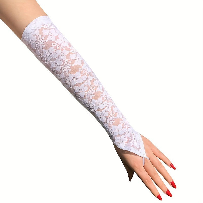 Elegant floral lace fingerless gloves in white mesh tulle, showcasing sophisticated style and versatile fashion accessory for women.