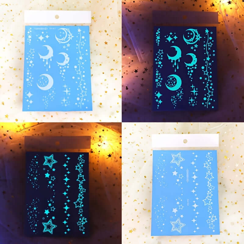 Glow-in-the-dark moon and star tattoo sheets with celestial designs, perfect for festivals, parties, and unique celebrations.