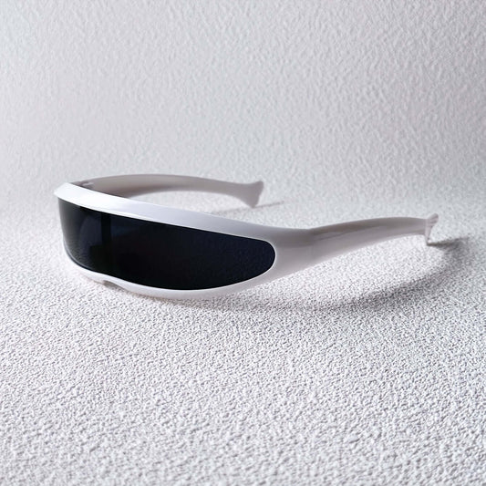 Futuristic fish-shaped sunglasses with sleek anti-reflective lenses and white frame, perfect for outdoor adventures and daily wear.