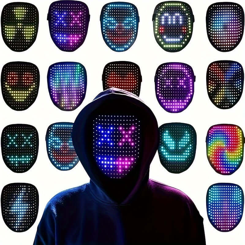 Futuristic LED gesture-sensing mask with animated patterns and colors, perfect for raves, festivals, and performances.