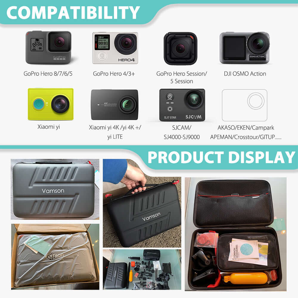 Action camera accessories kit compatibility and product display with case and gear for GoPro Hero, DJI Osmo, and more.