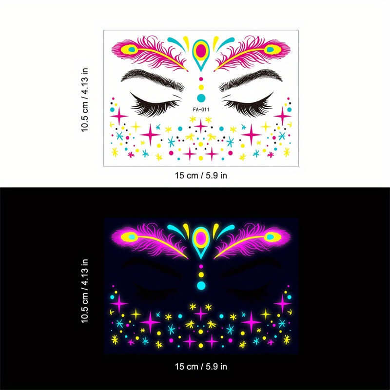 Neon butterfly face stickers glowing under UV light, perfect for festivals and parties, showcasing vibrant and eye-catching designs.