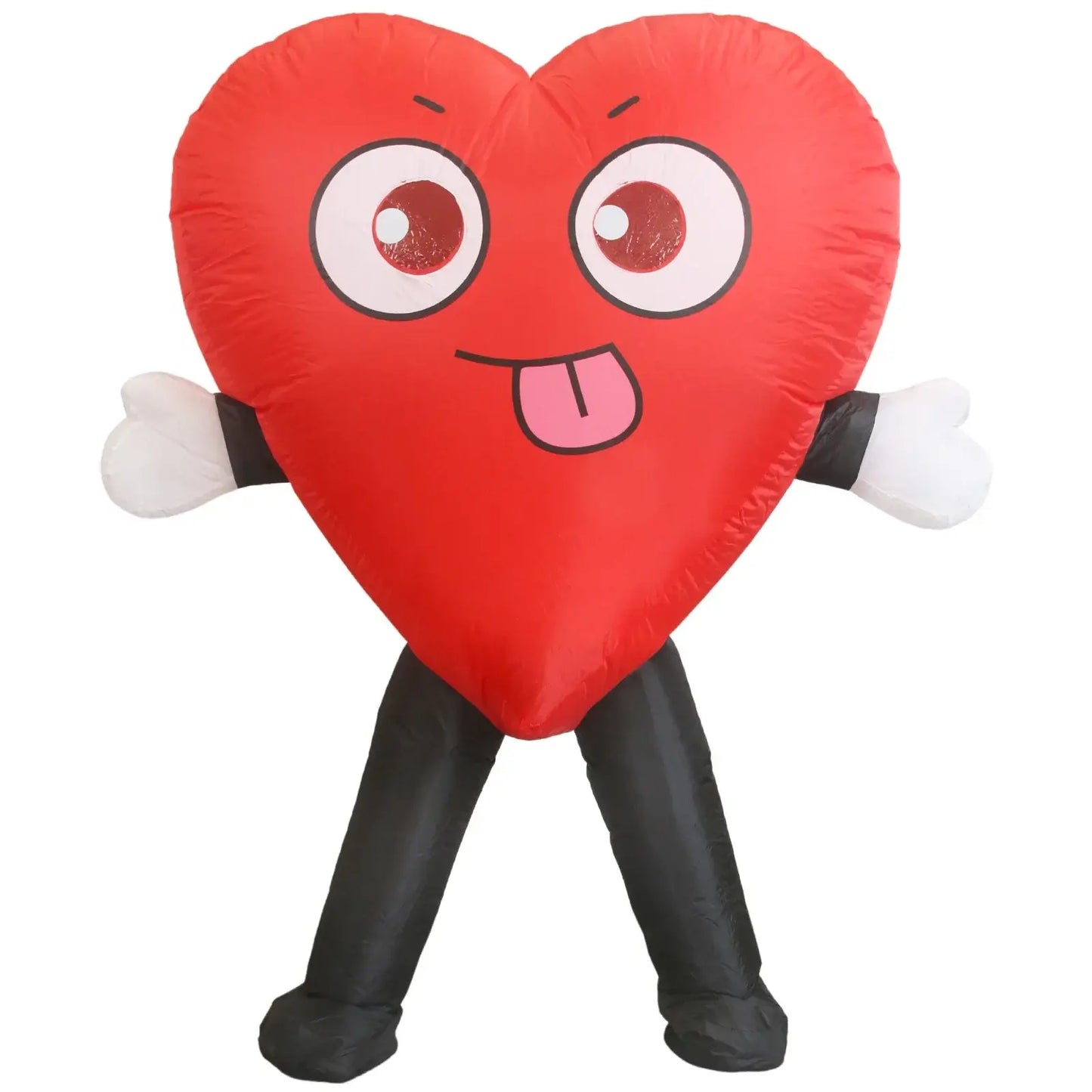 Inflatable heart costume with cartoon face, perfect for festivals and events, vibrant design, includes fan for easy inflation.