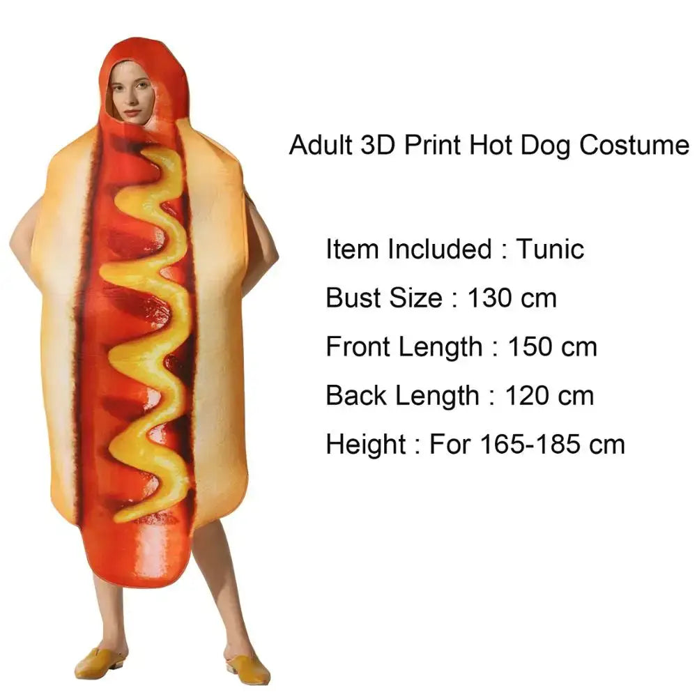 women wearing a 3D print hot dog costume with realistic sausage and bun design, includes tunic with dimensions for men's sizes.