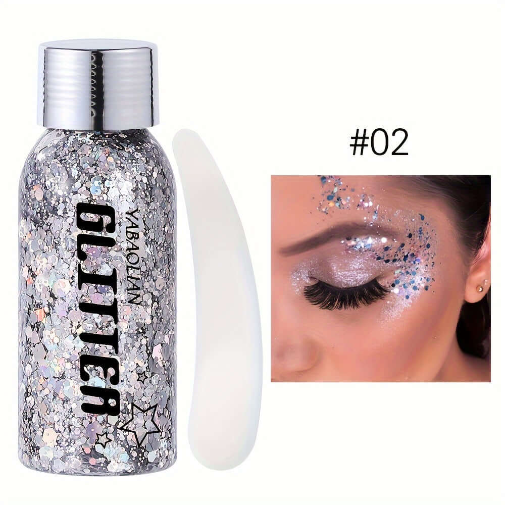 Mermaid sequins body glitter gel for face & hair, perfect for festivals and parties, shown in #02 vibrant shimmering color.