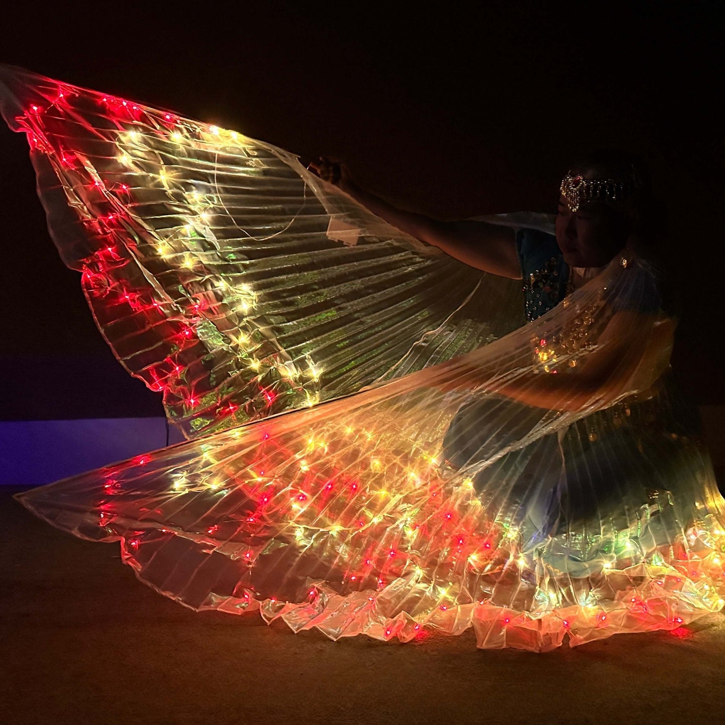 LED angel wings cape with red and yellow lights, festival butterfly costume, glowing in the dark for performances and raves.