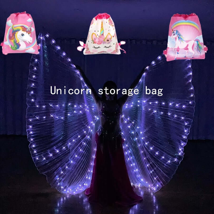 LED butterfly wings with unicorn bags, perfect for performances and parties, featuring 304 cool white lights and adjustable collar.