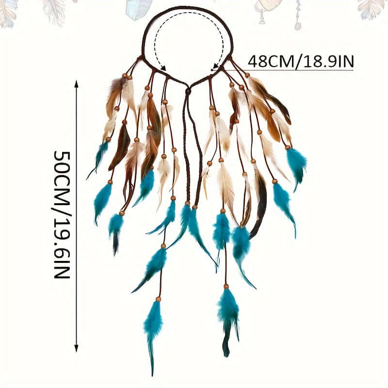 Bohemian feather headband with faux feathers and drawstring closure, perfect for festivals and beach days.