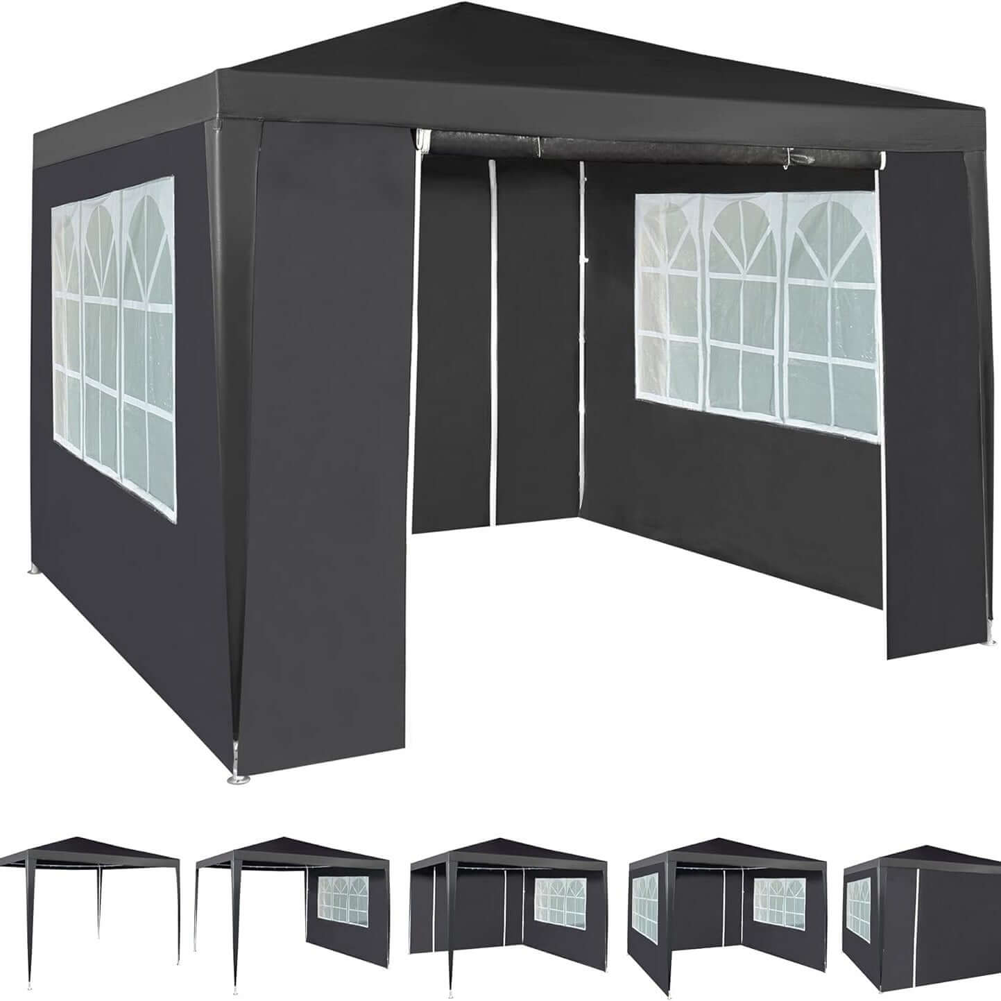 Sturdy 3x3M event gazebo with removable side panels, rustproof frame, and waterproof fabric for versatile outdoor use.