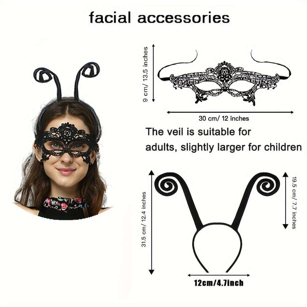 Lace masquerade mask with antenna design, suitable for adults, slightly larger for children, featuring facial accessory measurements.