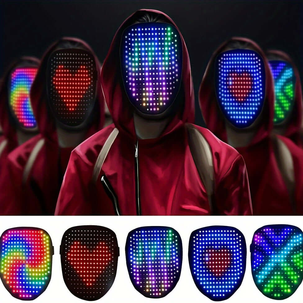 Futuristic LED gesture-sensing masks displaying vibrant animated patterns, ideal for raves and festivals.