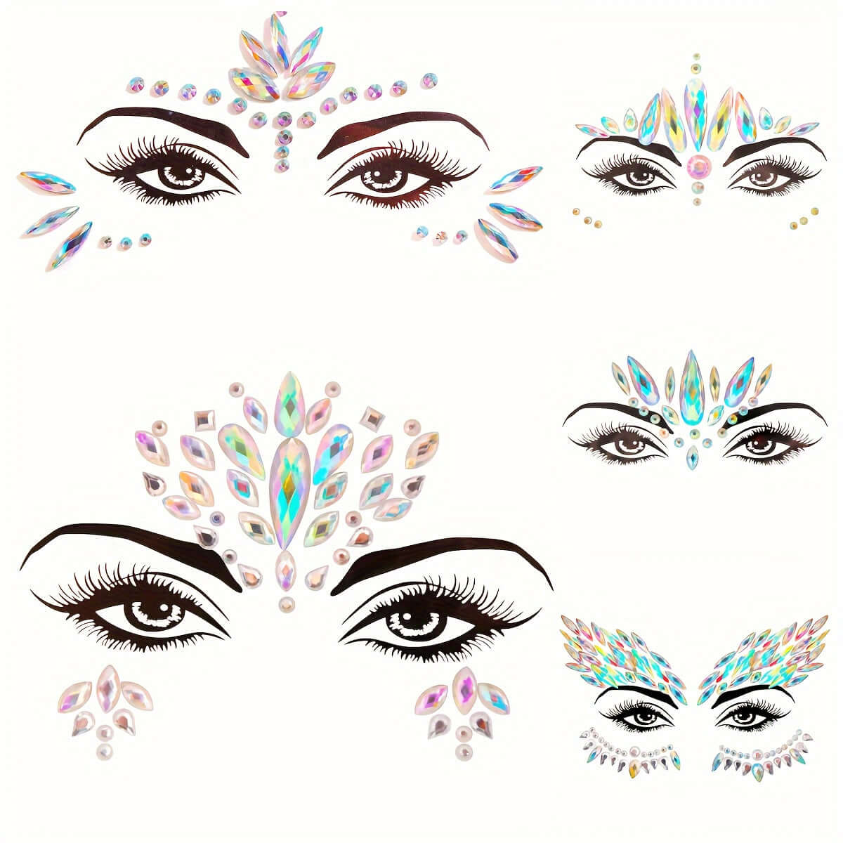 "Assorted 3D crystal tattoo face stickers with diamond effect for masquerade parties and events."