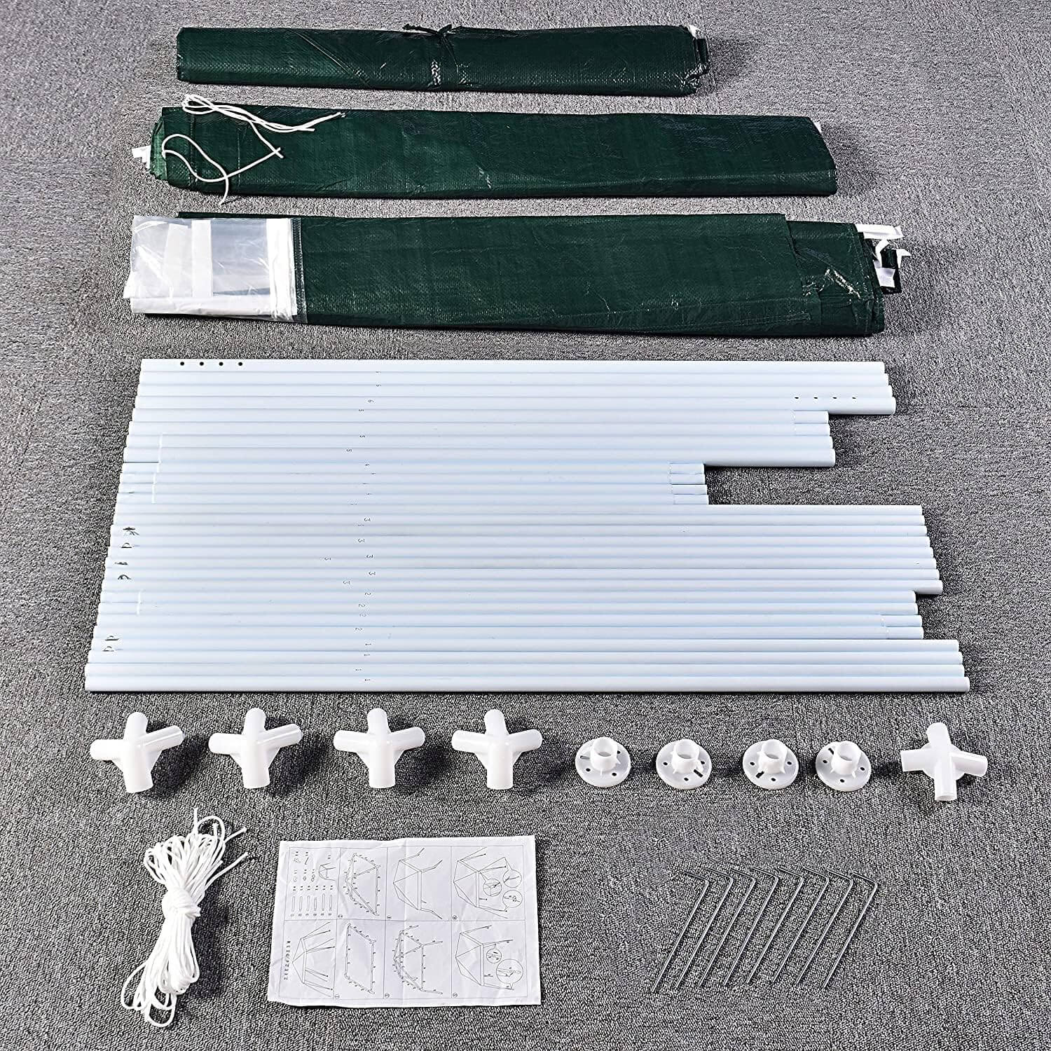 Event gazebo assembly kit with steel tubes, connectors, side panels, and instructions for a 3x3M waterproof party tent.