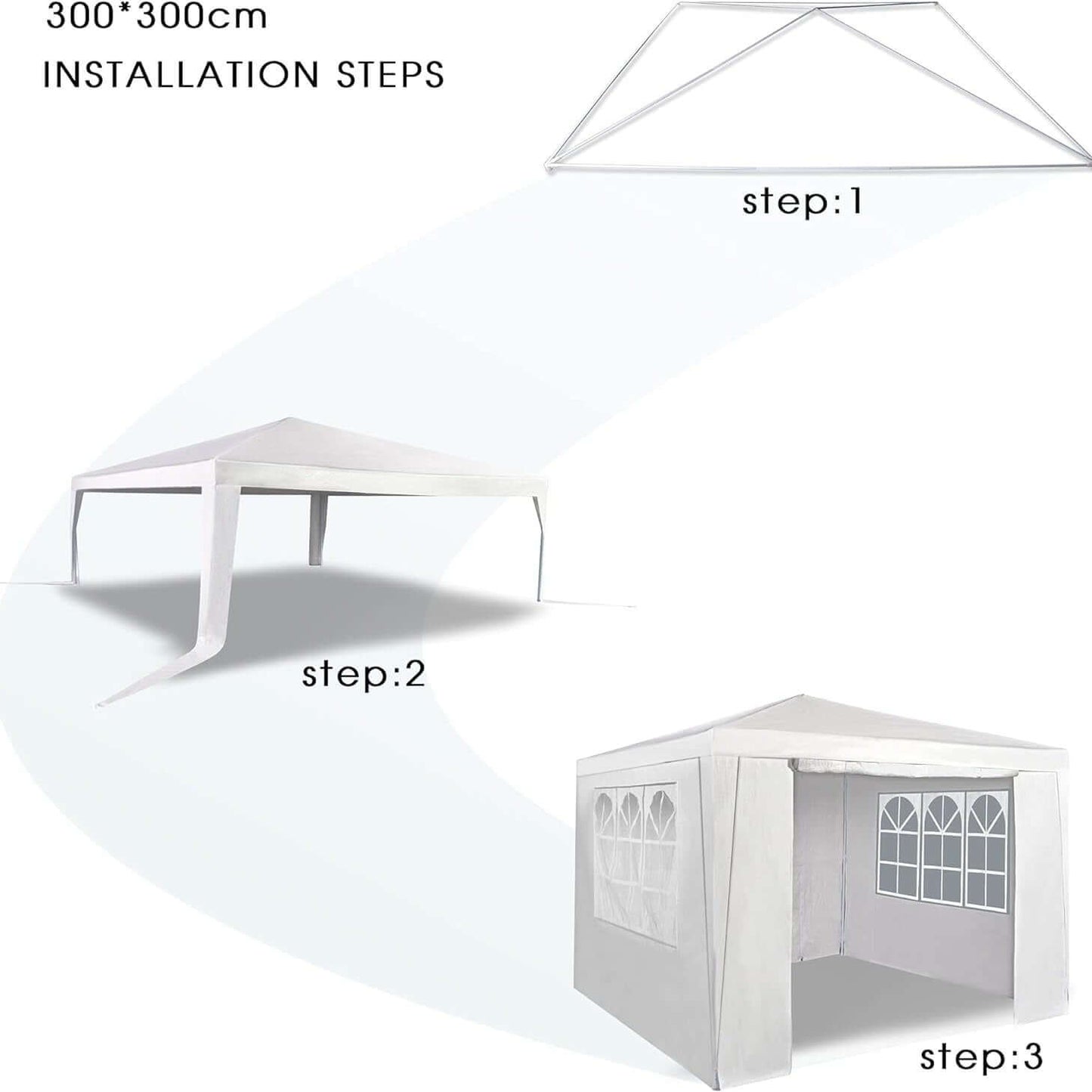 Installation steps for 3x3M waterproof event gazebo with removable side panels and rustproof steel structure.