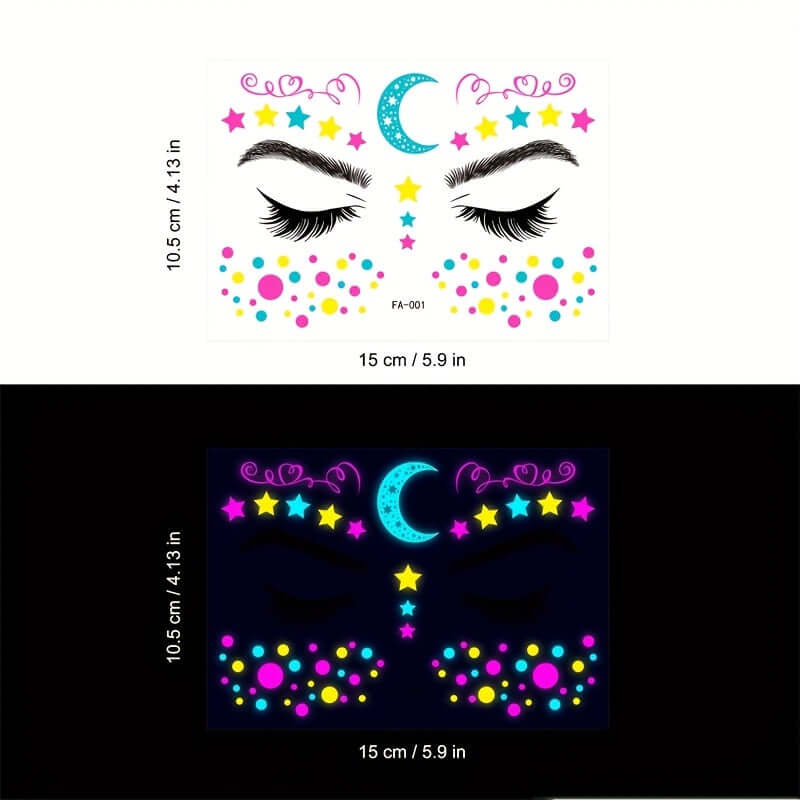 Neon butterfly face stickers glowing under UV light, waterproof tattoos for festivals, vibrant colors for eye-catching makeup.