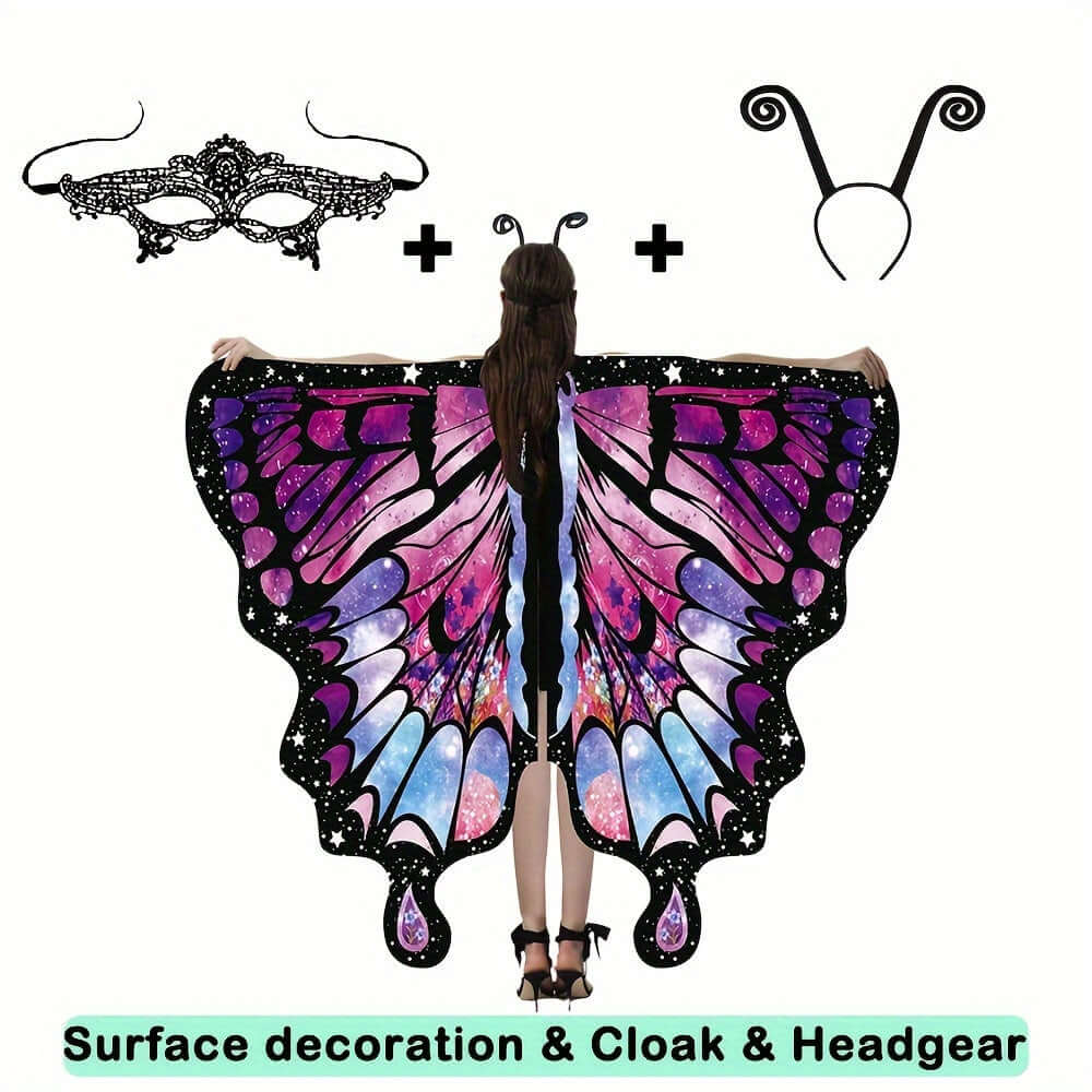 Vibrant butterfly wings shawl with mask and headgear, perfect for fairy or pixie costumes at festivals and parties.