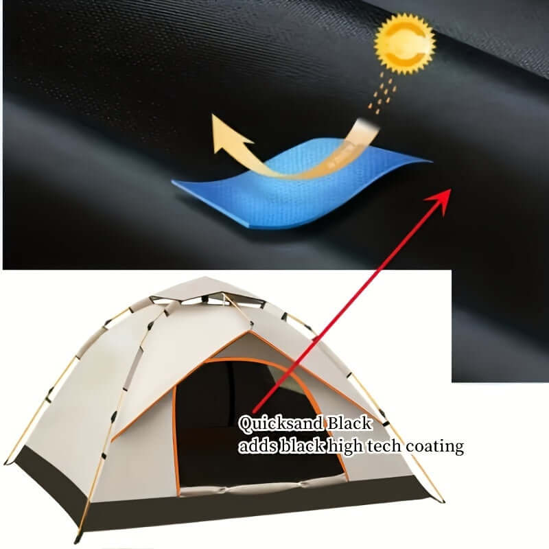 Waterproof camping tent with quicksand black high-tech coating, showcasing UV protection and automatic setup feature.